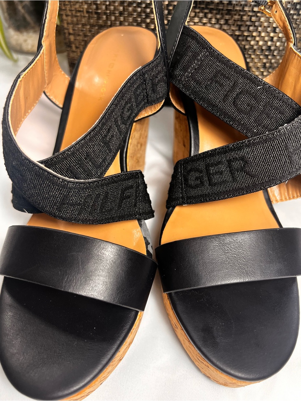 Tommy‎ Hilfiger Black Leather Strappy Wedge Sandals
